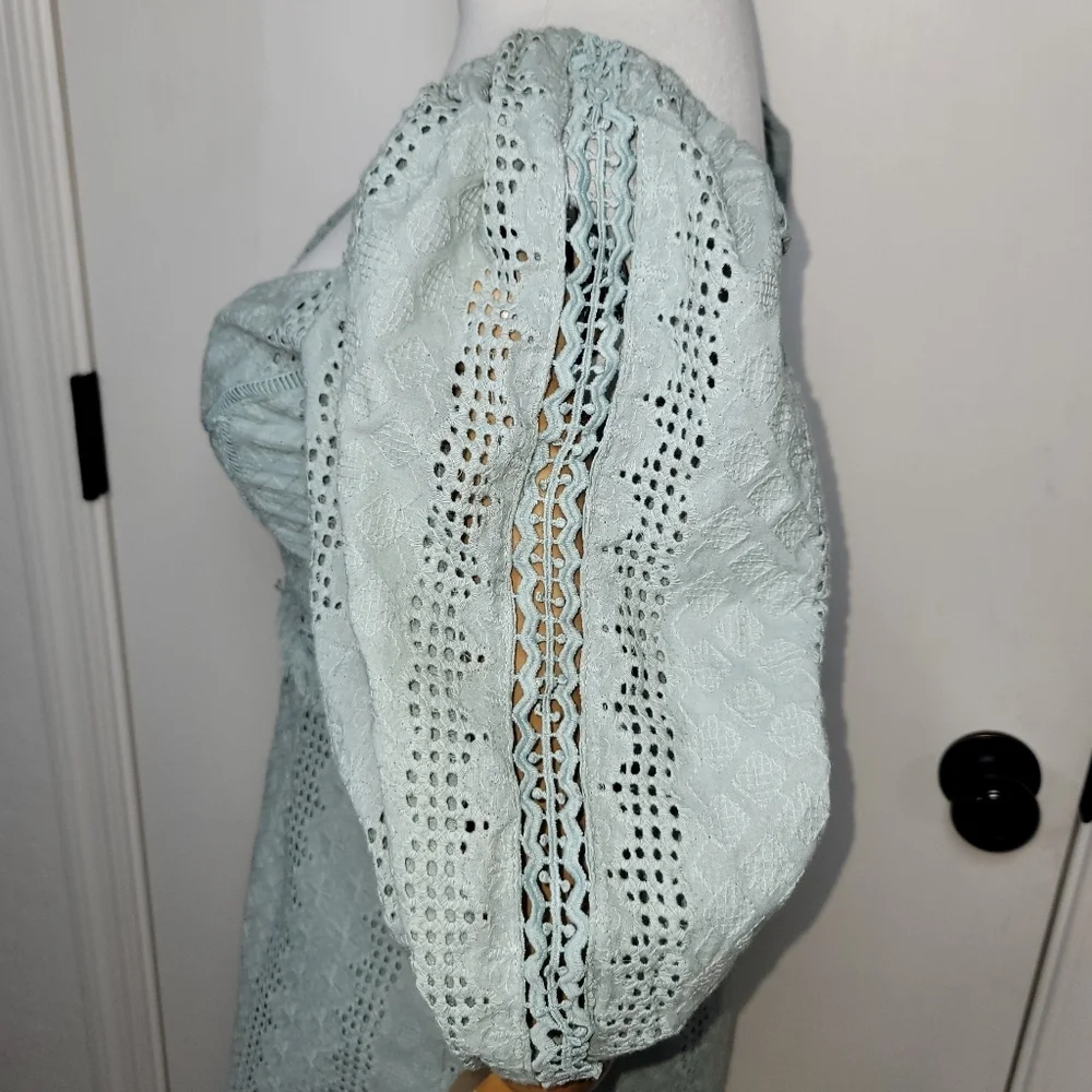 Esther & Co. Saints & Secrets Saige Green Puff Sleeve Eyelet Cotton Dress Size S - Picture 7 of 12